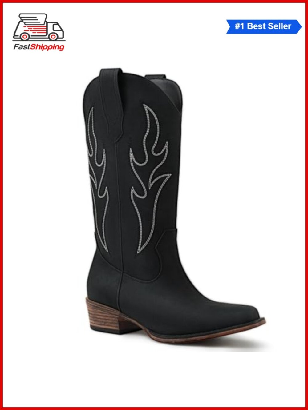 ✨ Western Cowboy Boots Women Square Toe Wide Calf Mid Calf Chunky Heel
